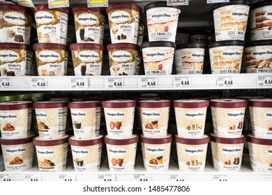 Los Angeles, CA/USA 08/20/2019  Containersof Assorted Haagen Dazs Brand Ice Cream Flavors For Sale In A Supermarket Freezer