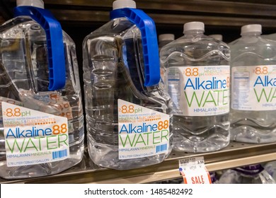 Los Angeles, CA/USA 08/20/2019  Plastic bottles of Alkaline 88 brand mineral drinking water for sale in a supermarket aisle