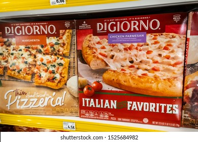 Los Angeles, CA/USA 10/4/2019
Boxes Of Di Giorno Brand Frozen Pizza For Sale In A Supermarket Freezer