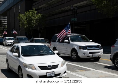 Los Angeles, CA/USA - April 22, 2020: Protesters In Cars Block Streets During Operation Gridlock Quarantine Protest In Los Angeles