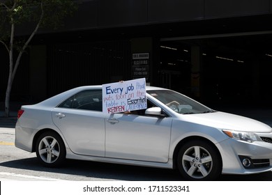 Los Angeles, CA/USA - April 22, 2020: Re-open California Sign On A Car During Operation Gridlock Coronavirus Quarantine Protest In Los Angeles
