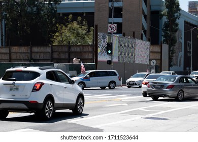 Los Angeles, CA/USA - April 22, 2020: Protesters In Cars Jam LA Streets During Operation Gridlock Anti Coronavirus Quarantine