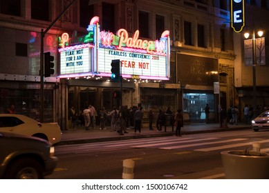 LOS ANGELES, CA/USA - FEBRUARY 16, 2019: Crowds Wait To Enter The Historic Palace Theatre In LA’s Broadway Theatre District