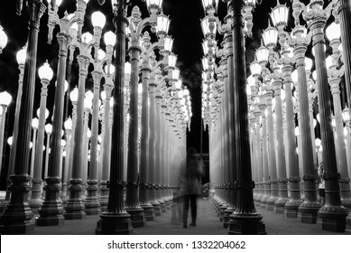Los Angeles, CA/USA - February 26, 2019: Chris Burden’s public art piece “Urban Light” at LACMA, the Los Angeles County Museum of Art. Black and White photography.