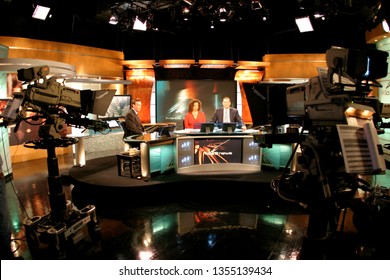 Los Angeles, CA/USA  June 20, 2011:  News Desk At KTLA News In LA With News Anchors Sam Rubin, Micheala Pereira And Mark Kriski.