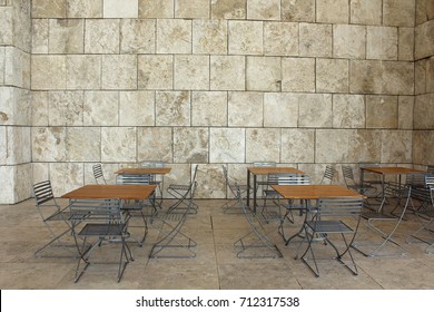 Los Angeles CA/USA: March 19, 2017 – Remarkable Cleft Cut Textured And Fossilized Travertine Stone Surrounds One Patio Dining Area Of The Getty Center. The Museum Has Over 1 Million Sq Ft Of Stone. 