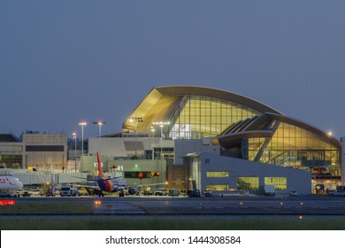 LOS ANGELES, CA/USA - MARCH 30, 2019: image showing the Tom Bradley terminal at the Los Angeles International Airport, LAX, at dusk.