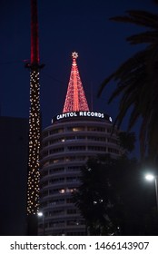 LOS ANGELES, CA/USA - November 24, 2018: A Christmas Tree Of Lights On Top Of The Iconic Capitol Records Building