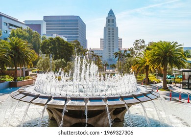 Los Angeles City Council Building Photographed Through Fountain Jets. Los Angeles, USA - 16 Apr 2021