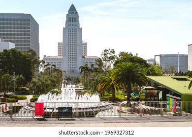 Los Angeles City Council Building Photographed Through Fountain Jets. Los Angeles, USA - 16 Apr 2021