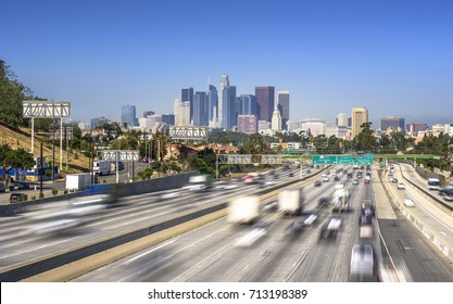 Los Angeles City Freeway Traffic At Sunny Day