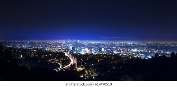 Los Angeles City Night Panorama Skyline And Highway 101 Viewed From West Hollywood Hills Or Heights