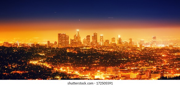 Los Angeles Cityscape Panorama At Night.