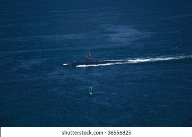 Los Angeles Class Nuclear Fast Attack Submarine Entering San Diego Harbor With A Coast Guard Escort.