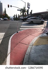 LOS ANGELES, Dec 12th, 2018: A Red Painted Curb Extension On Sunset Boulevard In West Hollywood, Part Of A New Pilot Project To Improve Pedestrian Safety And Walkability In The City.