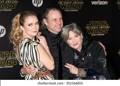 LOS ANGELES - DEC 14:  Billie Lourd, Todd Fisher, Carrie Fisher at the Star Wars: The Force Awakens World Premiere at the Hollywood & Highland on December 14, 2015 in Los Angeles, CA