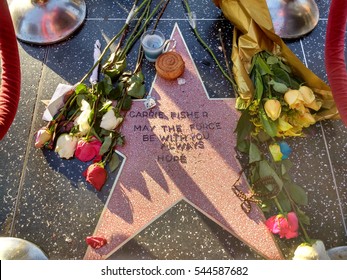 LOS ANGELES, DEC 28TH, 2016: Close-up of Carrie Fisher's memorial star on the Hollywood Walk of Fame, which was made by fans in tribute after her death of heart failure on Dec 27th, 2016.