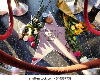 LOS ANGELES, DEC 28TH, 2016: Close-up of Carrie Fisher's memorial star on the Hollywood Walk of Fame, which was made by fans in tribute after her death of heart failure on Dec 27th, 2016.