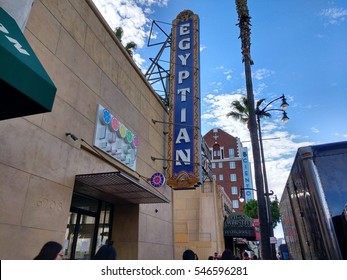 LOS ANGELES, DEC 29TH, 2016: Sidewalk View Of The Sign Of Grauman's Egyptian Theatre, A Historic Movie Theater In Hollywood On The Hollywood Walk Of Fame, Which Opened In 1922.