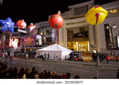 Los Angeles - December 1, 2019: Hollywood Christmas Parade And The Dolby Theatre Night Exterior