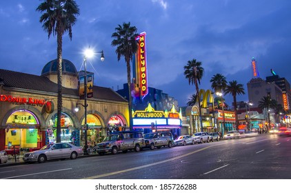 LOS ANGELES - DECEMBER 18, 2013: View Of Hollywood Boulevard By Night. In 1958, The Hollywood Walk Of Fame Was Created On This Street As A Tribute To Artists Working In The Entertainment Industry.