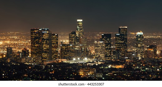 Los Angeles downtown buildings at night - Shutterstock ID 443253307