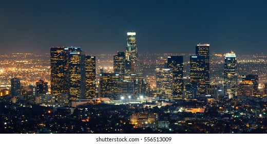 Los Angeles downtown buildings at night - Shutterstock ID 556513009