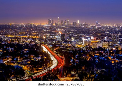 Los Angeles Downtown And Hollywood Night Skyline 