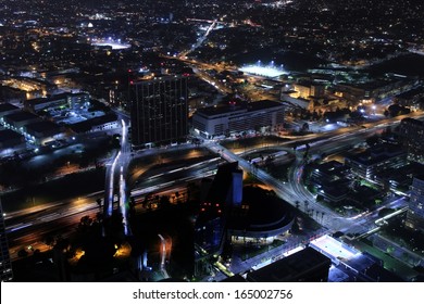 Los Angeles Downtown Night 01 Freeway Interchange Aerial View From Top Of Skyscraper