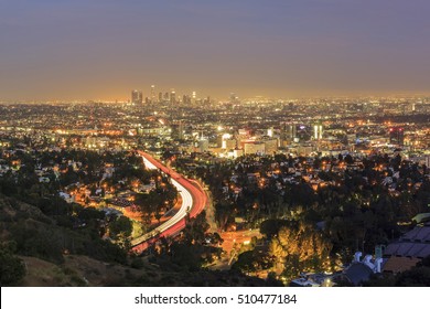 Los Angeles Downtown View From Top, Aerial View At Night