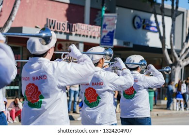 Los Angeles, FEB 23: Pasadena City College Honor Band Parade In The Camellia Festival On FEB 23, 2019 At Los Angeles, California