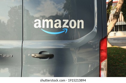 Los Angeles - February 11, 2021: Amazon Delivery Truck Rear Door Logo Day Exterior