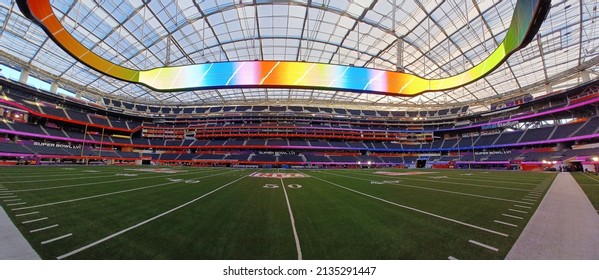 Los Angeles - February 12, 2022:
Selective Focus Panorama Of Sofi Stadium Decorated For Super Bowl LVI