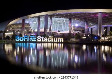 Los Angeles - February 12, 2022: 
SoFi Stadium And Lake Night Exterior