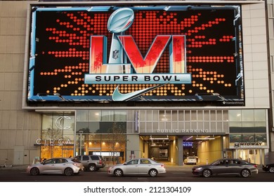 Los Angeles - February 9, 2022: 
Super Bowl 56 is promoted on an  illuminated advertising billboard in downtown Los Angeles