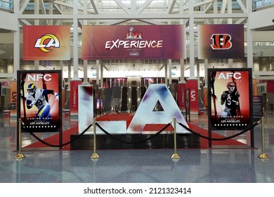 Los Angeles - February 9, 2022:
Super Bowl 56 banners promote the Super Bowl Experience at the Los Angeles Convention Center
