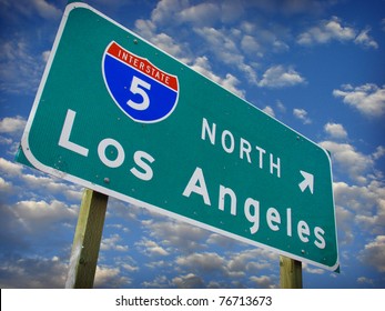 Los Angeles Freeway North Sign With Cloudy Sky.