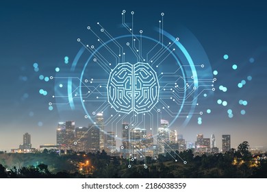 Los Angeles illuminated skyline panorama downtown at night, California, USA. Skyscrapers of LA. Hologram of Artificial Intelligence concept. AI and business, machine learning, neural network, robotics