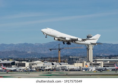 Los Angeles International Airport, California, USA - January 14, 2021: image of  Boeing 747 with registration N508KZ operated by Atlas Air Inc. shown airborne at LAX.