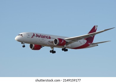 Los Angeles International Airport, California, USA - April 23, 2022: Image of Avianca Boeing 787-8 Dreamliner with registration N786AV shown shortly before landing at LAX.