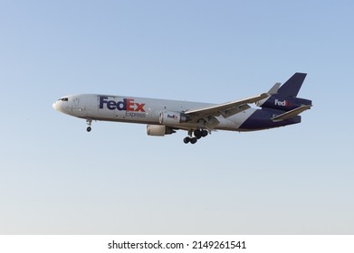 Los Angeles International Airport, California, USA - April 23, 2022: Image of Federal Express McDonnel Douglas MD-10 with registration N562FE shown shortly before landing at LAX.