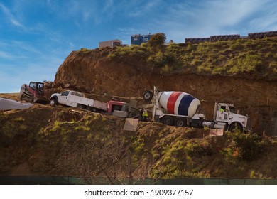 Los Angeles - January 25, 2021: Heavy Equiment Carves A Driveway Into The Hollywood Hills For New Home Construction Day Exterior