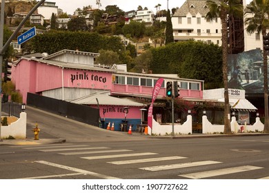 Los Angeles - January 27, 2021: 
Pink Taco Restaurant On Sunset Boulevard, West Hollywood Day Exterior