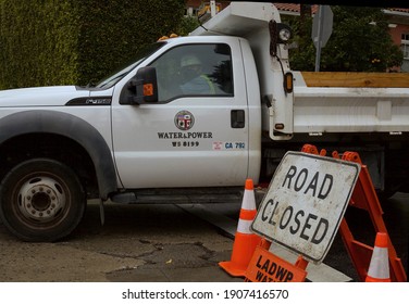 Los Angeles - January 29, 2021:
Los Angeles Department Of Water 
And Power Truck And Road Closed Sign