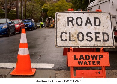 Los Angeles - January 29, 2021:
Selective Focus On Los Angeles Department Of Water And Power Road Closed Sign