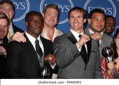 LOS ANGELES - JULY 14:  Reggie Bush, Jeremy Shockey, Drew Brees, New Orleans Saints - ESPY For Best Team In The Press Room Of The 2010 ESPY Awards On July 14, 2010 In Los Angeles, CA