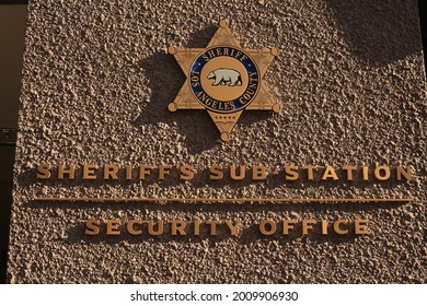 Los Angeles - July 16, 2021: 
L.A. County Sheriffs Sub Station Wall Display At Universal Studios Citywalk