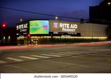 Los Angeles - July 22, 2020: 
Rite Aid Drug Store Night Exterior On Sunset Blvd.