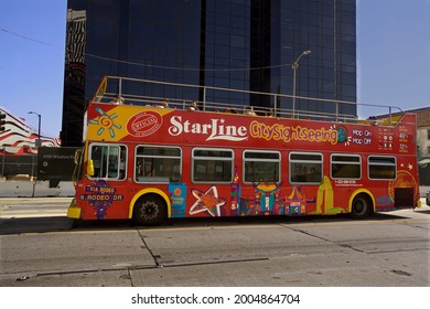 Los Angeles - July 3, 2021: 
Star Line Double decker sightseeing bus on Wilshire Blvd. day exterior