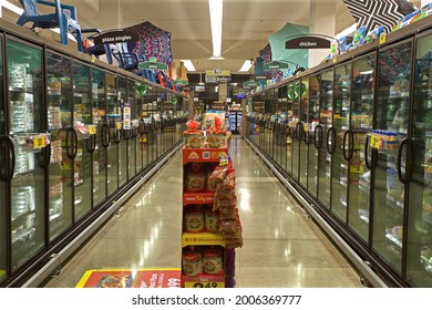 Los Angeles - July 8, 2021: Supermarket Frozen Food Aisle